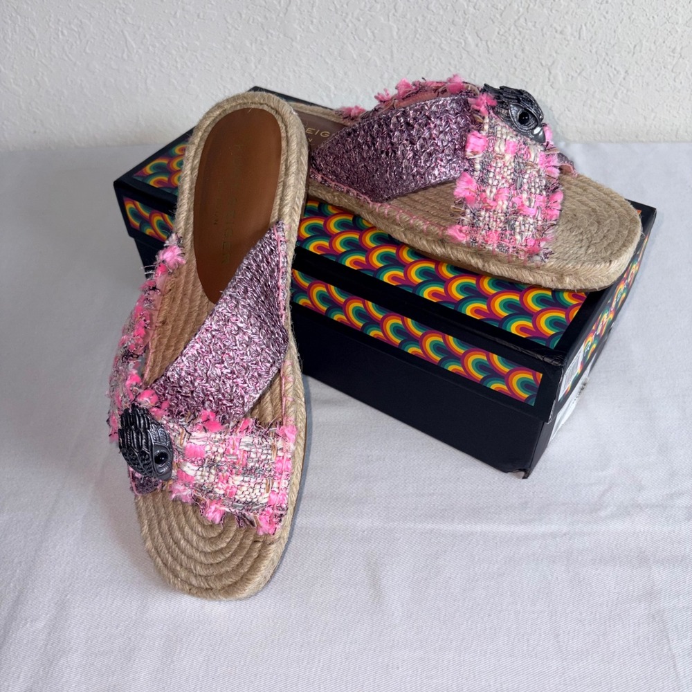 Kurt Geiger London Espadrille Slide 10  Eu 41 Pink Tweed Eagle Head Woven Flat